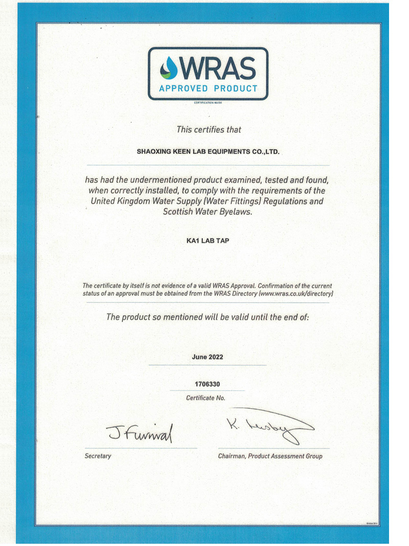 KA1 series WRAS certificate