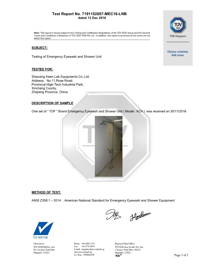 KC4 emergency shower TUV certification